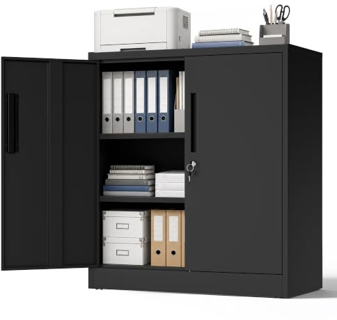 IKIMI 90x80x40cm Metallschrank Schwarz mit 2 Türen und 2 verstellbaren Ablagen, Stahlschrank mit Schloss, Mehrzweck-Werkstattschrank für Küche, Büro, Keller und Garage