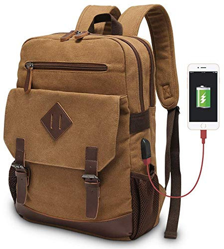 MODOKER Canvas Backpack for Men Women, Vintage Rucksack Fits Most 15.6 Inch Laptop, Bookbag with USB Charging Port, Brown