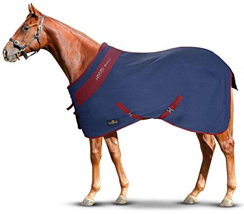 Horses, Pferdedecke für Pferdebox in Cotton Maddy 2 Modell, Leicht und Atmungsaktiv für Frühling und Sommer, mit Riemen und Schweifhülle (Blau/Bordeaux- 120 cm)