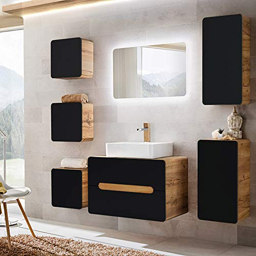 Badezimmer Badmöbel Komplett-Set in seidenmatt anthrazit mit Wotan Eiche Nb., 80 cm Waschtisch-Unterschrank mit Keramik-Waschbecken, LED-Spiegel, Unterschrank, 4 Hängeschranke, B/H/T ca. 180/200/46 cm