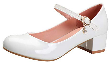 MISSUIT Damen Mary Janes Lack Pumps mit Riemchen und Blockabsatz Chunky Heels Schuhe(Weiß,41)