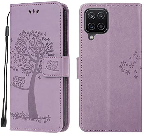 Samsung Galaxy A12 / M12 Case Leather Wallet Flip Folio Magnetic Clasp Stand View Bookstyle Case for Samsung Galaxy A12 / M12 Phone Case Cover Shockproof Cute Owl & Tree Pattern, Light Purple