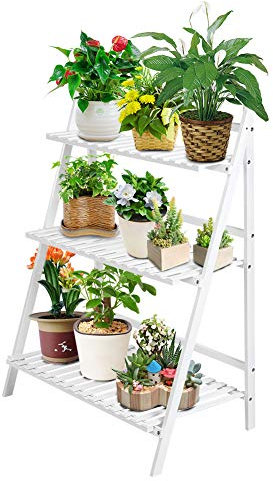 Porta Piante da Interno Esterni, Scaffale per Piante in Bambù a 3 Livelli, Espositore per Piante, Fioriera da Esterno, Scaffale per Ripiani per Giardino Balcone Soggiorno 70x40x96cm, Bianco