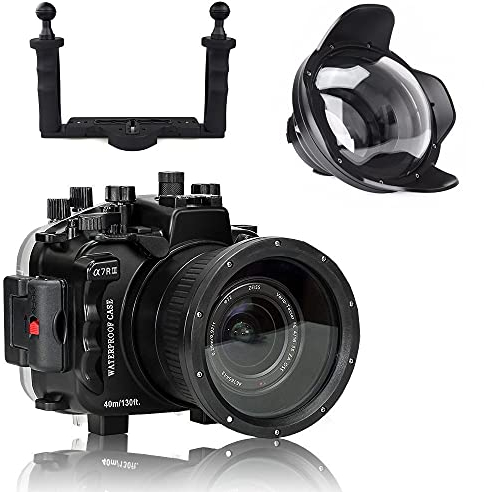 Seafrogs 40m/130ft Unterwater Camera Housing Case w/Wide Angle Dome Port and Two Hands Aluminium Tray for Sony A7III A7RIII a73 a7r3 A7 Mark 3 Protective Hard case for Photography Videography