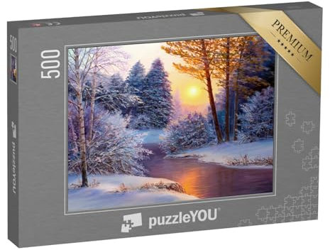 puzzleYOU: Puzzle 500 Teile „Winterlandschaft mit Fluss, Ölgemälde“ – aus der Puzzle-Kollektion Natur, Kunst & Fantasy