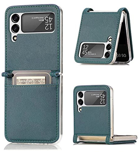 TingYR Coque pour Samsung Galaxy Z Flip 4, Protection Hybride PC et Cuir, avec Emplacement pour Carte et Portefeuille, Anti-Chute Étui Housse pour Samsung Galaxy Z Flip 4.Vert