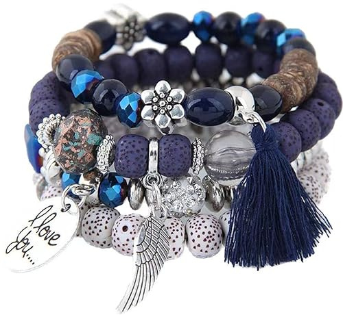 Carufin Crystal Multilayer Türkis Armbänder Boho Perlen Quaste Elastizität Armband Hand Accessoires Schmuck für Damen und Herren (Blau)