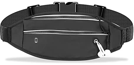 Bauchtasche Gürteltasche, wasserdichte Reflektierende Joggen Hüfttasche, Outdoor Sport Umhängetasche Geldgürtel mit Kopfhöreranschluss für Herren Damen Schwarz
