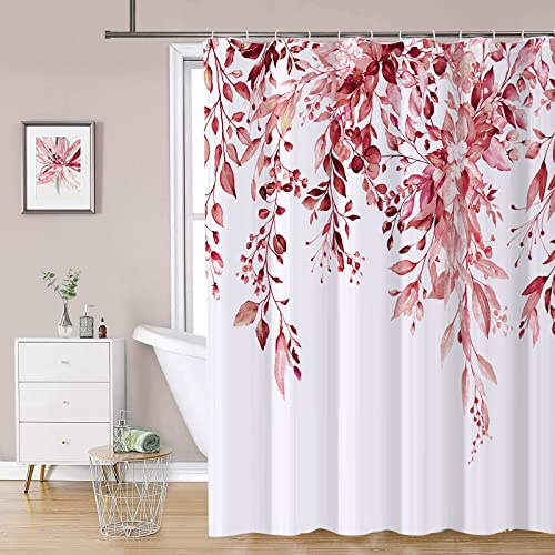 REZAYMRS Eucalyptus Blumen Duschvorhänge mit 12 Haken, Rosa, 180x200cm | Polyester Stoff Wasserdicht Hotelstil Duschvorhang für Badezimmer, Maschinenwaschbar, Schnell Trocknend, Beschwerter Saum