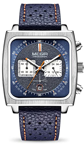 MEGIR 2182 Montre analogique à quartz pour homme avec chronographe et bracelet en cuir Bleu, bleu, Chronographe, mouvement à quartz