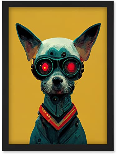 Doppelganger33 LTD Cyborg Chihuahua Dog With Infrared Goggles In Mustard Red Background Artwork Framed Wall Art Print A4