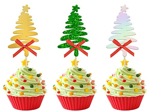 24Pcs Christmas Tree Cupcake Toppers with Red Bow Glitter Christmas Tree Cupcake Picks for Merry Christmas Theme New Year Holiday Baby Shower Kids Birthday Party Cake Decorations Supplies