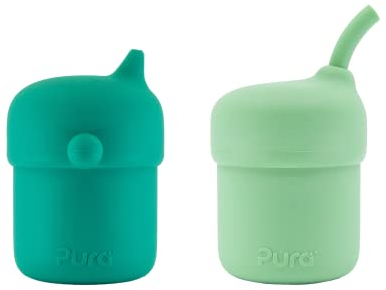 Pura my-my Silikon-Schnabeltasse – Trainingsbecher, wiederverwendbar, Platin, Lebensmittelqualität, medizinische Qualität, Babys und Säuglinge – 2er-Pack (Minze + Strohhalm, Moos-Kombination)