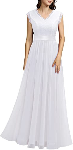 Dressystar Damen Abendkleid Festliches Hochzeitskleid Elegant Hochzeit Brautkleider Spitze Chiffon Maxi Standesamt Kleider Weiß XXL
