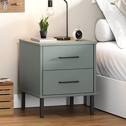 MOONAIRY Nachttisch Oslo mit Metallbeinen, Nachtschrank, Nachtkonsole, Bedside Tables, Nachtkästchen, Beistellschrank, Nightstand, Nachtkommode, Grau Massivholz Kiefer