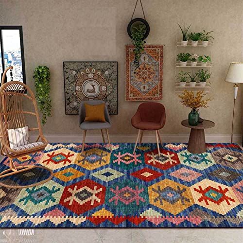 Rururug Teppich, Marineblau, rot, gelb, orange, rosa, smaragdgrün, braun, mehrfarbiges Vintage Muster, Wohnzimmer Schlafzimmer Dekoration,Rectangular 130 x 190 cm
