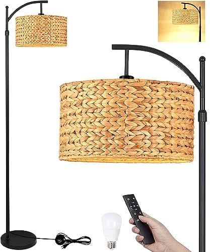 QIYIZM Stehlampe für Wohnzimmer Schlafzimmer Bauernhaus Arc Rattan Boho Stehlampe mit Fernbedienung Dimmbar Schwarz Weide Bambus Lampenschirm Bodenleuchte Verstellbar Hohe Lampe Industrie Stehlampen