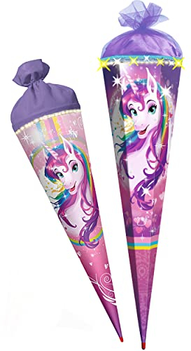 Schultüte mit Glitzer ! Einhorn/Regenbogen Unicorn - 35-100 cm - Größe wählbar - mit Holzspitze - 6 eckig - Tüllabschluß - Zuckertüte - Roth - Mädchen..
