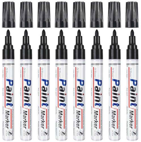 STANBLUE Black Paint Pens Paint Markers Set of 8, Oil-Based Quick Dry and Permanent, Waterproof Paint Marker Pen for Rocks Painting, Wood, Fabric, Plastic, Canvas, Glass, Mugs, Metal, Cardboard