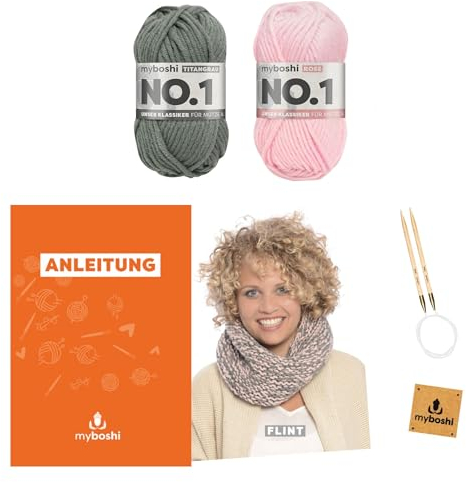 myboshi Strickset Schlauchschal Flint, Strickset für Anfänger, inkl. No.1 Wolle, Rundstricknadel, Anleitung und Label, 30% Merinowolle Rosa mit Rundstricknadel