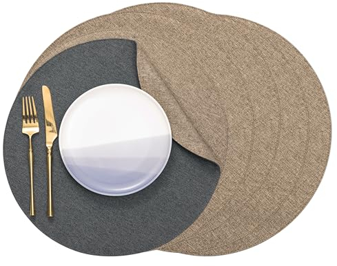 Banchif Tischsets, Durchmesser 38cm Leinenimitat Platzsets Abwaschbar rutschfeste Tischsets Platzsets Doppelseitigen Platzdecken (Grau-hell Brown, Rund Satz von 6)