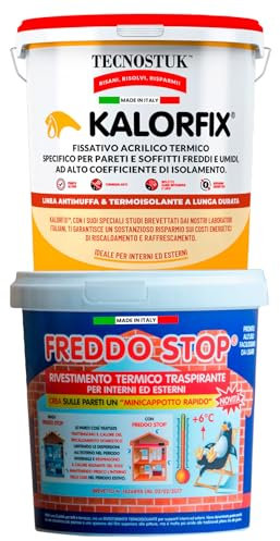 Eurocali Tecnostuk Freddo Stop Rivestimento Termico Traspirante Interni ed Esterni Termoisolante per Muri Freddi Umidi 2,5L + Kalorfix Fissativo Isolante Termico 1L - Made in Italy