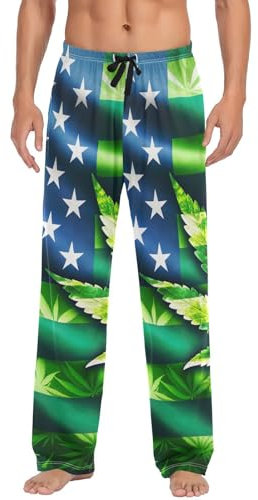 ODAWA Pyjamahose für Herren, trendige, illustrierte Schlafloungehose mit Taschen, lange Pyjamahose, Grün gefärbte USA-Flagge, M
