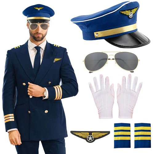 LaVenty blu aereo capitano costume aereo pilota cappello accessori per adulti adolescenti capitano Halloween Party Cosplay forniture occhiali da sole