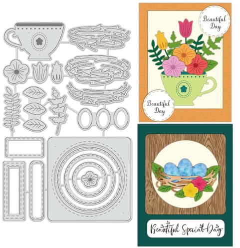 BENECREAT Bird's Nest Cutting Dies, Teacup Flowers Basic Border Metal Die Cuts Stencils for DIY Scrapbooking Decorative Embossing Paper Scrapbooking Card Making, 11.2x17.2cm