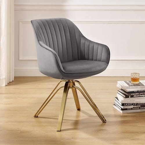 Zouron Drehstuhl Esszimmer, Küchenstuhl Grau Samtstuhl Polsterstuhl mit Armlehnen Sessel Metallbeine Sitzfläche 43x43cm (Grau-Metallbeine-1 St.)