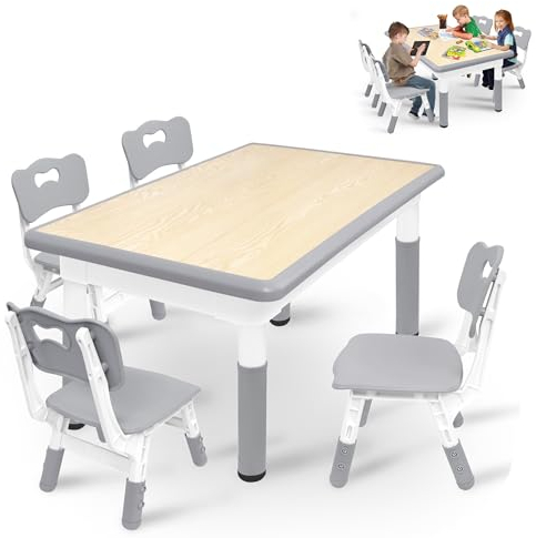 TATIVALO 120x60cm Kindertisch mit 4 Stühlen Set, Kindersitzgruppe Höhenverstellbar für Kinder im Alter von 2-10 Jahren, Kinder Tisch Stuhl 100KG Tragfähigkeit, HDPE&ABS Kindermöbel, Grau