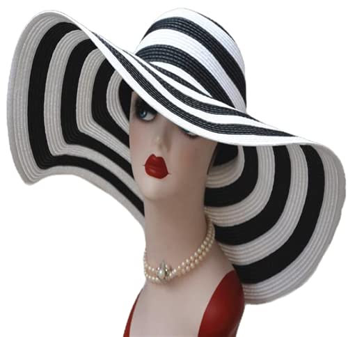 XINCXIN Chapeau de paille de 18 cm de large pour l'été, l'église, le mariage, les femmes, Rayures noires et blanches., 6