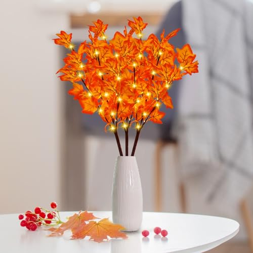 FZQBEY Birke Lichterbaum Innen mit 20 Warmweißer LEDs Licht, LED Baum Lichter mit Ahornblättern Batteriebetrieben Dekobaum, Baum Lampe Deko, für Party Geburtstag Hochzeit Weihnachten Innendeko (A)