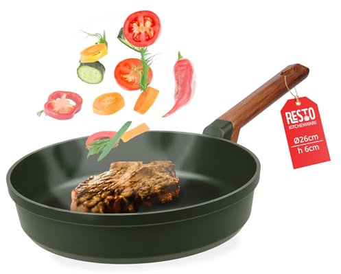 RESTO Bratpfanne 26cm antihaftbeschichtet aus recyceltem Aluminiumguss mit holzähnlichem Soft-Touch-Griff - Pfanne zum Braten - Aluminium Pfanne Induktion - Für alle Herdarten geeignet
