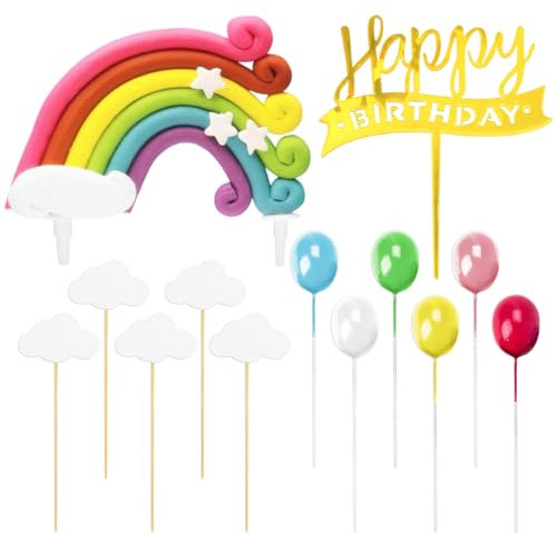TYGFRT 12Pcs Cake Toppers, 1Pcs Birthday Card, Cake Topper Insert Card, Party Supplies, Rainbow Cake Topper, Cute Cake Topper