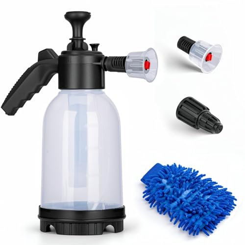 RIMBERRY Pulverizador de espuma de 1,9 l, pulverizador de espuma de lavado de coche, con dos boquillas ajustables, guante de microfibra ideal para limpieza del hogar, cuidado del coche,