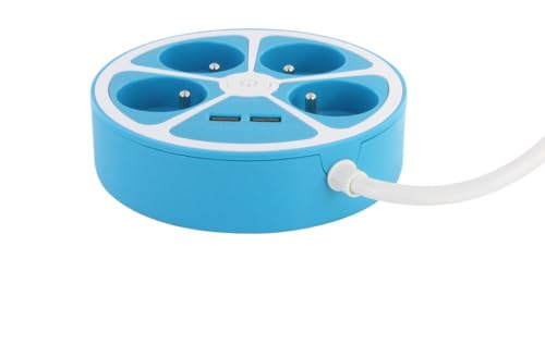 CHACON Steckdosenleiste, rund, 4 x 16 A, 1,5 m Kabel, mit 2 USB-A + Schalter – Blau