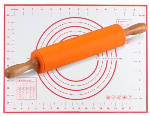 Rouleau à Pâtisserie en Silicone, Rouleau à Pâtisserie avec Poignées en Bois, Rouleau a Patisserie, Rouleau en Silicone avec Tapis de Cuisson(30x40cm), pour Cuisson Biscuits, Pâtisserie, Fondant