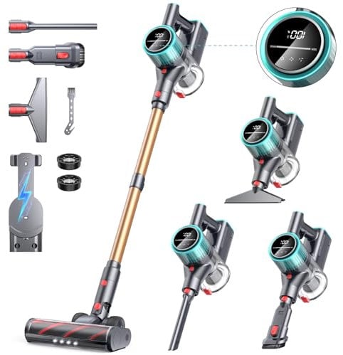 Powerffy Cordless Vacuum Cleaner 550W/45Kpa/60Min, Stick Vacuum Cleaners Cordless Powerful with Charging Dock Self-Standing Lightweight Vacuums with Anti-Tangle Brush for Carpet/Hard Floor/Pet Hair