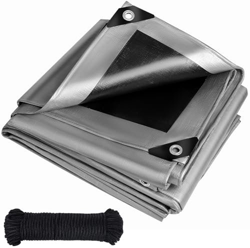 Tarpaulin heavy duty 260 g/m²,Reinforced Eyelets,Weatherproof dust snow UV,for groundsheet Outdoor Camping Garden Furniture pool Building site Caravan Boat Universal cover(Silver-black, 4m X 4m)