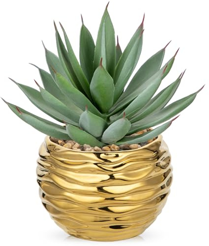 Hollyone Fake Succulents in Gold Ceramic Pot, 8.3'' Frosted Artificial Agave Shaka Zulu, Faux Plants Indoor Decorative Greenery for Home Decor, Office Desk, Windowsill, Bathroom, Shelf Decorations