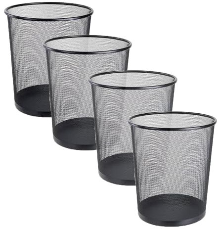 FWEEK Corbeille à Papier Bureau Noir, 4-Pack Poubelle de Bureau Métal 9L, Design en Maille Aérée, pour Chambre, Dortoir, Salle de Classe, Cuisine, Salle de Bain