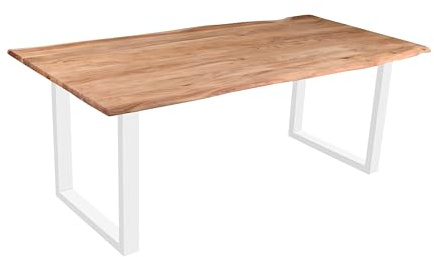 SAM Esstisch Quinn 220x100 cm Baumkante Akazie eiche / U-Gestell weiß | massiv, Echte Baumkante, Akazienholz eichefarben, Baumkantentisch, Esszimmertisch, Metallbeine