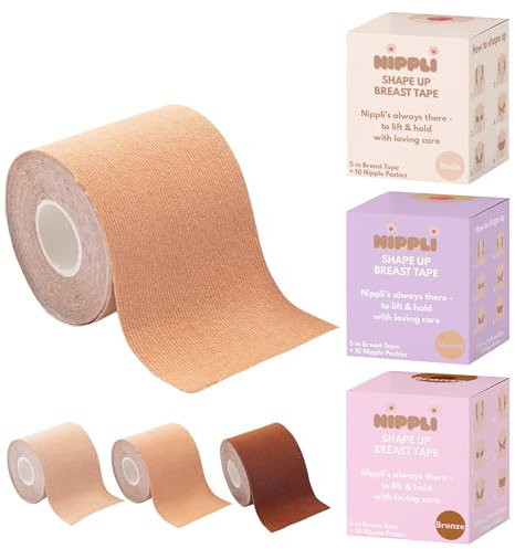 Nippli Shape Up Breast Tape (Tanned) – NippelCover 7,5cm x 5m, inkl. 10 Nipplepads – Brust Tape – für den perfekten Halt ohne BH – Feuchtigkeitsbeständig & extra Breit