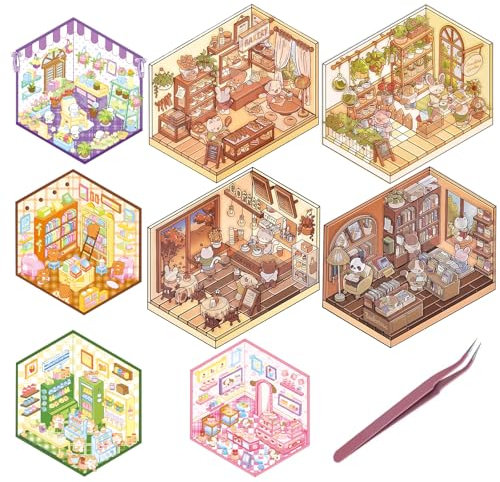 8 Bilder DIY 3D House Stickers 2 Set Cartoon Sticker Scene Haus 3D Sticker Scene Stickernest Miniatur Haus Bäckereien café Szenenaufkleber für Erwachsene und Kinder mit 1 Pinzetten