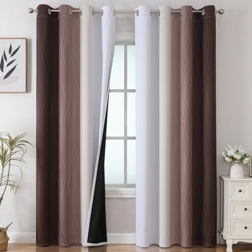 VEHEDE Ombre Farbverlauf Abdunklungsvorhang Ösenvorhang Gardinen Blickdicht Dicke Thermogardine Kälteschutz warm Hitzeschutz Vorhänge mit Ösen Wohnzimmer, H 229 x B 132 cm, Braun und Weiß, 2er Set