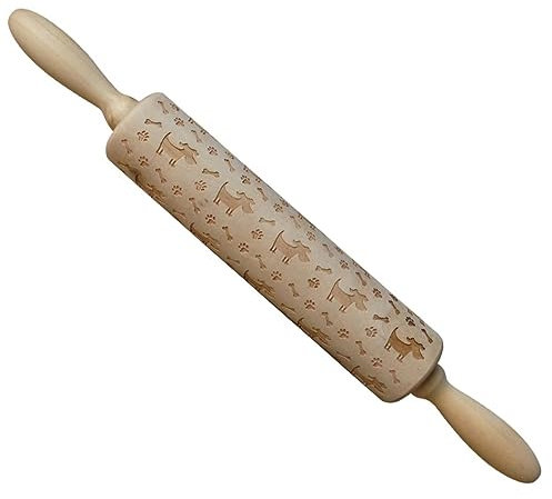 NAMOARLY Holz Nudelholz Mit Hund Und Knochen Muster Präge Teigroller Backrolle Für Plätzchen Fondant Pasta Kekse Langlebiges Rutschfestes Griff-design Für Haus Bäckerei Geschenk