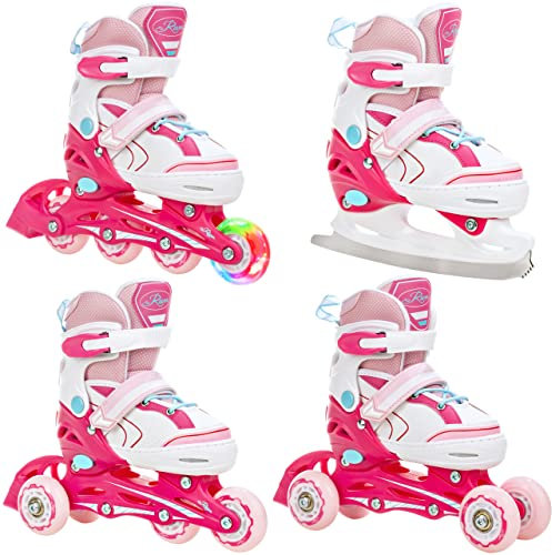 RAVEN 4in1 Inline Skates Triskates Rollschuhe Schlittschuhe Inliner für Kinder Mädchen verstellbar Geburtstag Geschenk (Lia Pink, 34-37 (21,5cm-24cm))