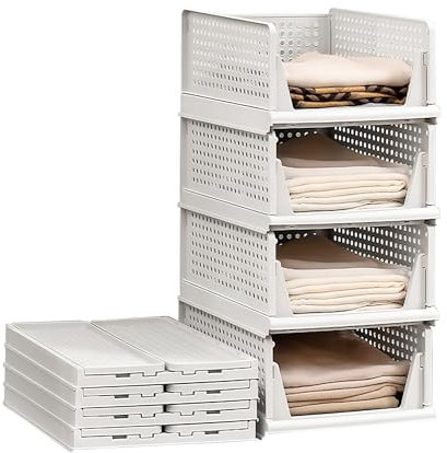 Lacusmall 4 Pack Wardrobe Storage Organiser, Foldable Closet Organisers, Plastic Stackable Drawers Basket for Bedroom, Bathroom Laundry, Space-Saving Clothes Storage Organizer, White, 4 Pack