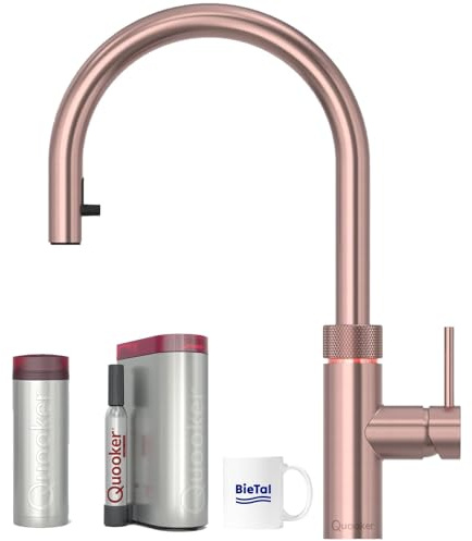 Quooker Wasserhahn Flex Kupfer Rosé & PRO3 Reservoire für kochendes Wasser Heißwasser & Cube für gekühltes sprudelndes Wasser Sprudelwasser mit BieTal® Keramiktasse 355 ml
